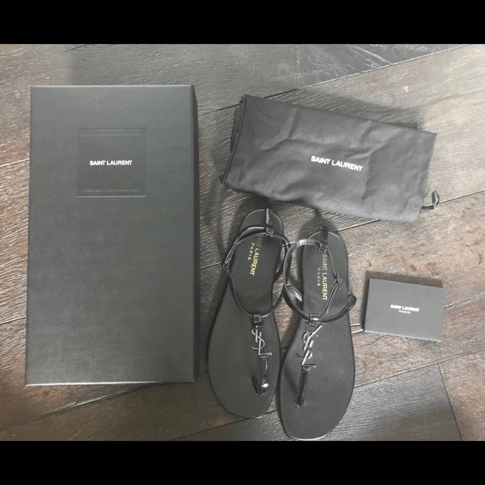 Yves Saint Laurent Black Logo T-Strap Sandals